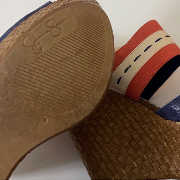 Y2K Jessica Simpson Leather Blue and Red Wedge Sandals Nautical Design Summer - Picture 6 of 14